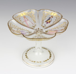 A 19th Century Continental scallop tazza with gilt decoration and panels of figures 10cm 