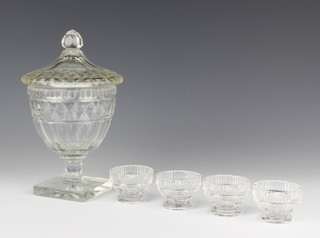 A 19th Century cut glass compote and cover raised on a square base 19cm together with 4 cut glass table salts 