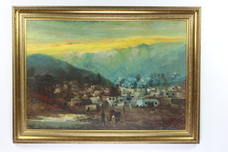 20th Century oil on canvas, indistinctly signed, foothills of The Himalayas 66cm by 92cm