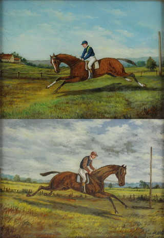 A pair of 19th Century oils on glass of jockeys and horses in rural settings 27cm x 37cm 