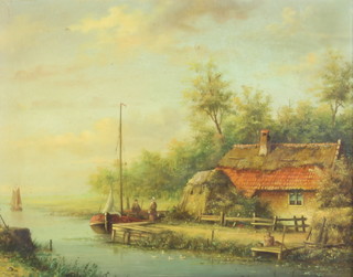 Pieter Cornelis Steenhouwer (1896-1972), oil on panel signed, a Continental riverscape with a boat moored beside a cottage with figures 19cm x 24cm 