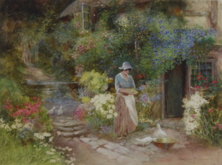 Florence Mackay 1916 (1860-1930), watercolour, a lady with geese beside a thatched cottage 19.5cm x 26.5cm 