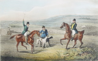 A 19th Century print, study of huntsmen and hounds in extensive landscape 12cm x 18cm 