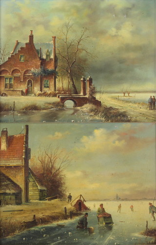 Pieter Cornelis Steenhouwer (1896-1972), oils on board, a pair, signed, Dutch winterscapes with figures before buildings 18cm x 24cm  