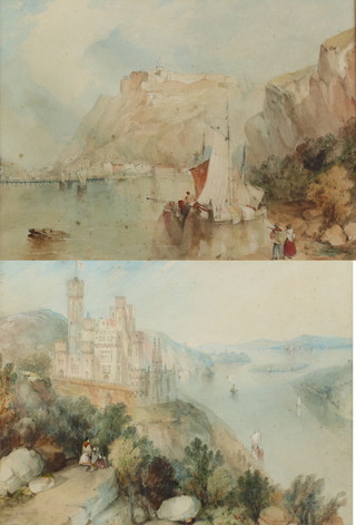 Edwardian watercolours, a pair, unsigned, Continental riverscapes with figures and buildings, 26.5cm x 35.5cm 
