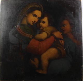 An oil painting on canvas, unsigned, Madonna Della Seggiola after Luigi Bardi, Mary embracing the child Christ while the young John The Baptist watches, unframed 75cm x 75cm 