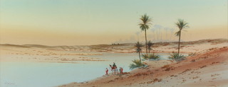 Tom Linson, watercolour, signed, desert scene with figures and camels 24cm x 60cm 