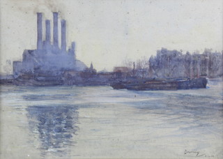 Bowring, 3.4.29, watercolour, Industrial Thames scene with Battersea power station, 25cm x 34cm 