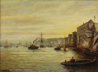 Bernard Benedict Hemy (1845-1913), oil on canvas, signed, a 19th Century study of a north of England harbour scene with paddle steamers, moored boats and ships 49cm x 67cm 