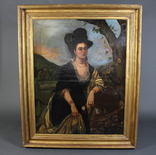 A 19th Century oil on canvas, portrait study of a lady standing beside a tree in a country setting 124cm x 97cm 