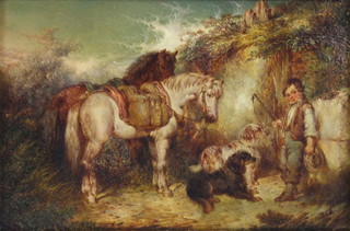 P Jones, oil on panel, unsigned, study of a boy with horses and dogs beside a wall 19cm x 29cm 