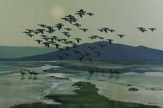 Peter Scott (1909 - 1989) print signed in pencil, barnacle geese coming of the Mers at Caerlaverock, proof print 39cm x 55cm 