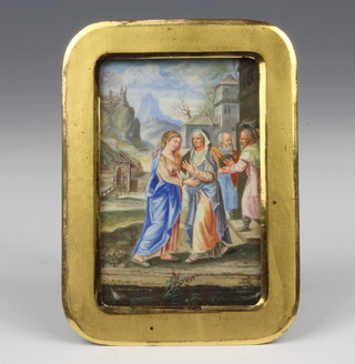 19th Century Continental miniature watercolour, unsigned,  study of figures before buildings with a distant mountain 9cm x 6cm 