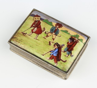 A 925 silver rectangular enamelled snuff box decorated with cats playing golf 5.5cm x 4.5cm x 1.5cm, 61 grams