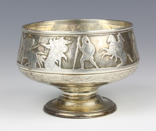 A repousse chased silver pedestal bowl decorated with classical figures London 1872, maker Martin Hall & Co 13cm, 225 grams 