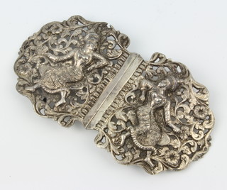 An Indian cast and pierced silver buckle decorated with figures 30.5cm, 92 grams 