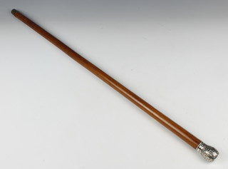 An Edwardian walking cane with Chinese repousse silver mount with words and bamboo decoration 83cm 