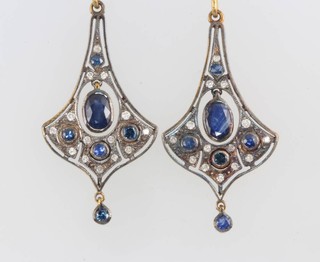 A pair of silver gilt Edwardian style sapphire and diamond drop earrings 