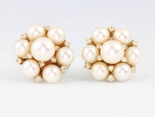 A pair of 18ct yellow gold cultured pearl and diamond floral ear clips