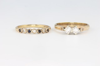A 9ct yellow gold two stone diamond ring, a sapphire and diamond ditto size R