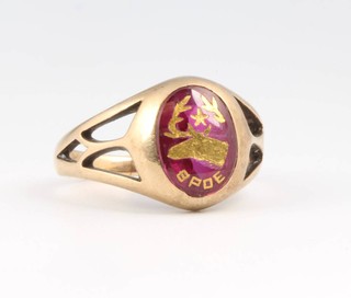 A 14ct yellow gold enamelled fraternity ring with pierced shank, size S, gross 7 grams