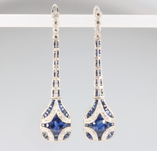 A pair of platinum Art Deco style sapphire and diamond drop earrings, sapphires approx. 4.45ct, diamonds approx. 0.95ct, 58mm 