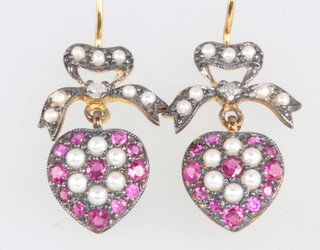 A pair of Edwardian style silver gilt ruby, diamond and pearl heart shaped earrings 
