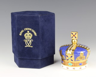 A Royal Crown Derby Imari pattern crown paperweight with gold stopper 10cm, boxed