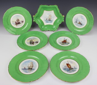 A Royal Crown Derby dessert service comprising 6 plates and 1 tazza decorated with maritime scenes by W E J Dean 23cm 
