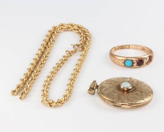 An Edwardian yellow gold and opal set locket, a 15ct ring (minus 1 stone) and a broken 9ct necklace 