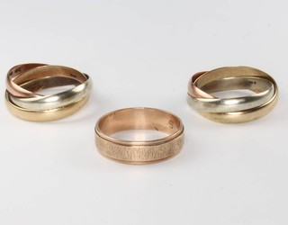 A 9ct yellow gold wedding band, 2 three colour 9ct gold Russian wedding rings, size S, T and U, 14 grams 