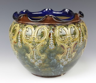 A Doulton Lambeth jardiniere decorated with formal scrolls and flowers, impressed marks 31cm 