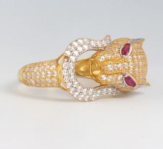 A 22ct yellow gold diamond and ruby set leopard dress ring size V 
