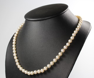 A cultured pearl necklace with a 9ct yellow gold clasp, 49cm, 3 pairs of cultured pearl ear studs