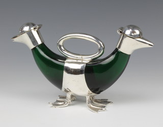 An Edwardian style green glass and silver plated mounted double ended duck ewer 28cm  