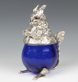 An Edwardian style silver plated mounted blue glass bowl, the lid in the form of a squirrel 24cm 