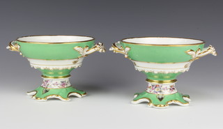 A pair of Victorian Coalbrookdale style 2 handled bowls with green and gilt decoration and bands of flowers 11cm 