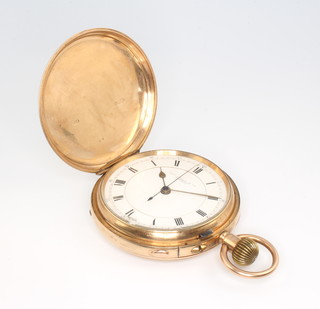 A gentleman's Victorian 9ct yellow gold hunter pocket watch chronograph, the dial inscribed Thomas Russell & Son, 55mm 