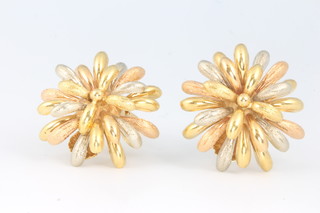 A pair of 18ct 3 colour yellow gold floral ear clips 13.6 grams 