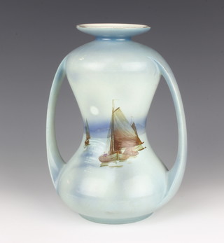 An Art Deco Shelley 2 handled vase decorated with moonlit boats 27cm