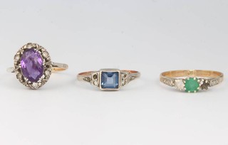 Three 9ct yellow gold gem set rings, size O, Q and R 