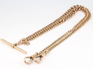 A 9ct yellow gold Albert with T-Bar and clasps, 32.9 grams 