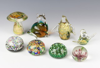 Two Murano glass millefiori paperweights 11cm, 2 others, 3 animal paperweights and a toadstool ditto 
