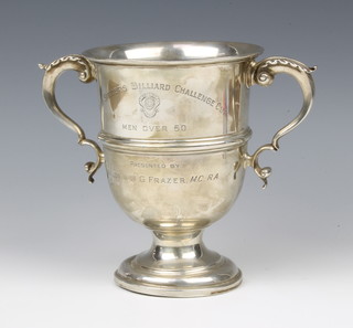 A silver 2 handled presentation trophy with engraved inscription and S scroll handles, London 1921, maker CS Harris & Sons Ltd. 17.5cm, 518 grams 