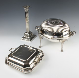 An Edwardian oval silver plated breakfast dish, an entree and a table lamp base