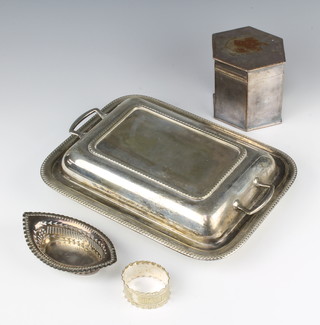 A silver plated entree, a hexagonal tea caddy and 2 other items 