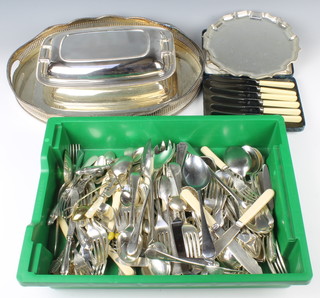An oval silver plated galleried tray and minor plated items