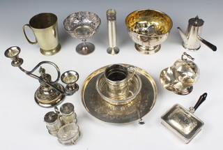 A silver plated coffee pot and minor plated items 