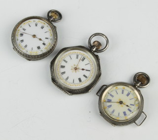 Two ladies Edwardian silver fob watches together with a ditto wristwatch 
