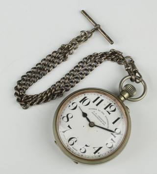 A silver plated pocket watch the dial inscribed F A Chandler, Maker to the Admiralty, suspended on a silver Albert watch chain 